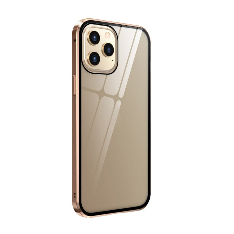 For iPhone 12 Pro Max Double Sides Tempered Glass Magnetic Adsorption Metal Frame Anti-peep Screen Case(Gold) by buy2fix