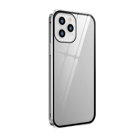 For iPhone 12 Pro Max Double Sides Tempered Glass Magnetic Adsorption Metal Frame Anti-peep Screen Case(Silver) by buy2fix