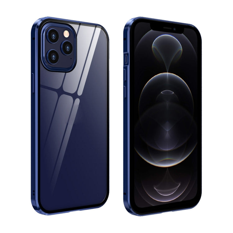 For iPhone 12 / 12 Pro Double Sides Tempered Glass Magnetic Adsorption Metal Frame Anti-peep Screen Case(Blue) by buy2fix