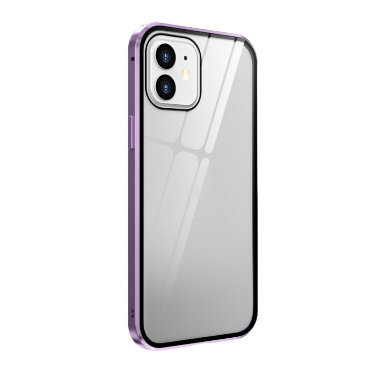 For iPhone 12 mini Double Sides Tempered Glass Magnetic Adsorption Metal Frame Anti-peep Screen Case (Light Purple) by buy2fix