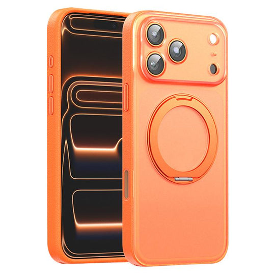For iPhone 17 Pro Max Vegan Leather Magnetic Phone Case with 360 Degrees Rotating Stand(Orange)