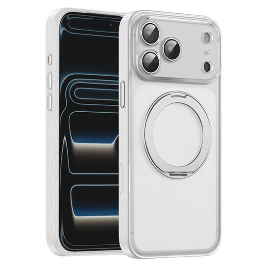 For iPhone 17 Pro Max Vegan Leather Magnetic Phone Case with 360 Degrees Rotating Stand(Cedar White)