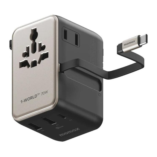 MOMAX UA30 1-World 2+ 70W Dual AC Universal Travel GaN Charger with Retractable Cable(Titanium Gold)