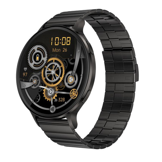 QS07 1.75 inch AMOLED Round Screen Smart Watch, Black Bamboo Strap, Support Health Monitoring