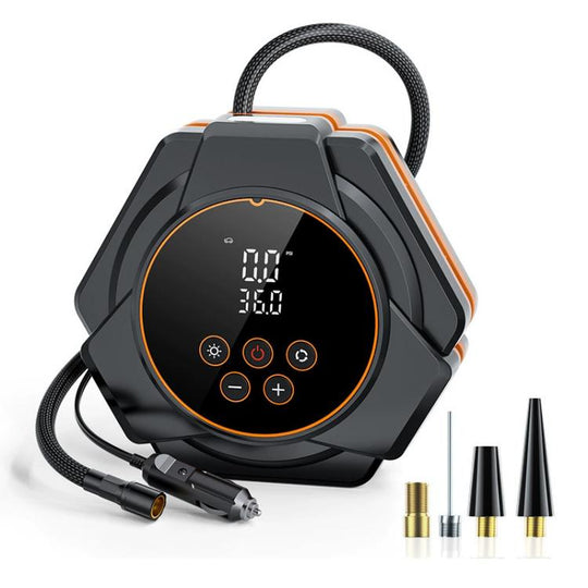 SUITU Car Triangular Air Pump Electric Air Tire Inflator, Button Version(Black Orange)