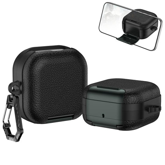 For Samsung Galaxy Buds4 / Buds4 Pro Leather Texture Wireless Earphones Case with Hook & Holder(Black Army Green)
