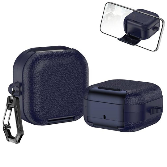 For Samsung Galaxy Buds4 / Buds4 Pro Leather Texture Wireless Earphones Case with Hook & Holder(Dark Blue)