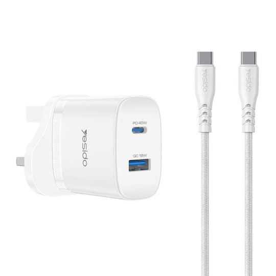 Yesido PD45W USB and Type-C Dual Interface Fast Charger Set, Plug:UK Plug(White)