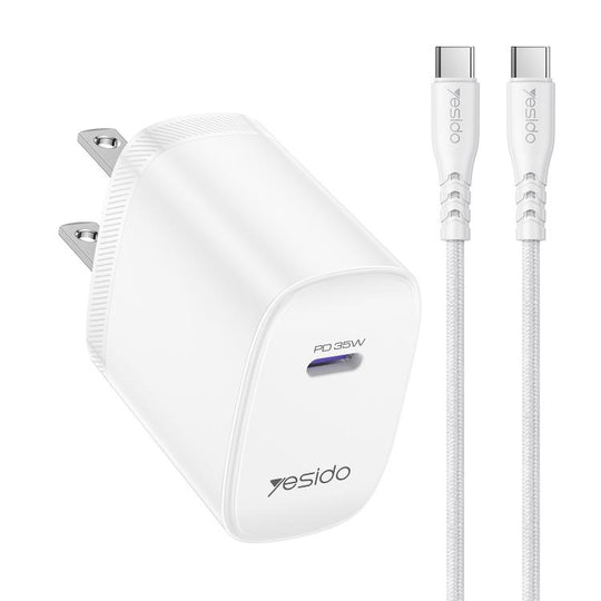 Yesido YC20U PD35W USB-C / Type-C Single Port Fast Charger Set with Type-C to Type-C Cable, US Plug(White)
