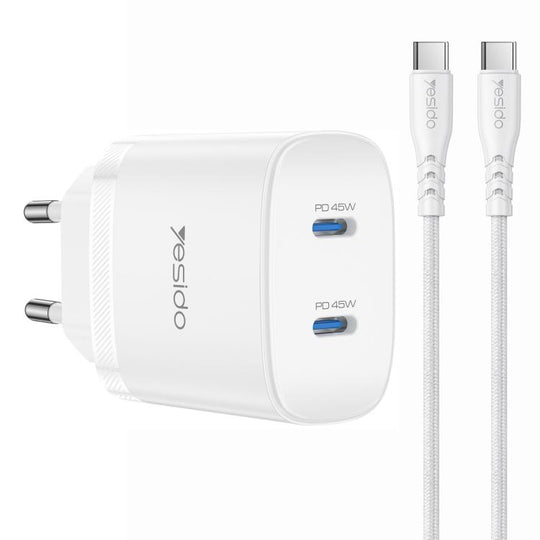 Yesido PD45W Dual Type-C Fast Charger Kit with Type-C to Type-C Cable, Plug:EU Plug(White)