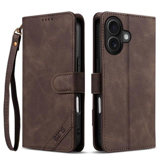 For iPhone 16 AZNS A2 Series Tri-Card Wallet RFID Vegan Leather Phone Case with Strap(Brown)