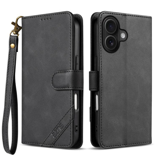 For iPhone 16 AZNS A2 Series Tri-Card Wallet RFID Vegan Leather Phone Case with Strap(Black)