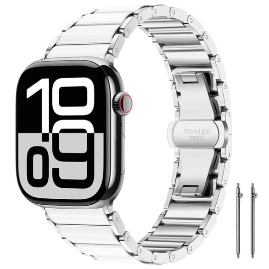 For Apple Watch 42 / 44 / 45 / 46 / 49mm xDfind Ceramic Stainless Steel Watch Band(Silver White)