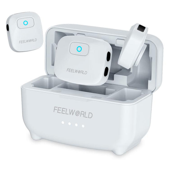 FEELWORLD LM1 Wireless Lavalier Microphone for Phone Computer Camera, 2TX + 1RX + Charging Case(White)