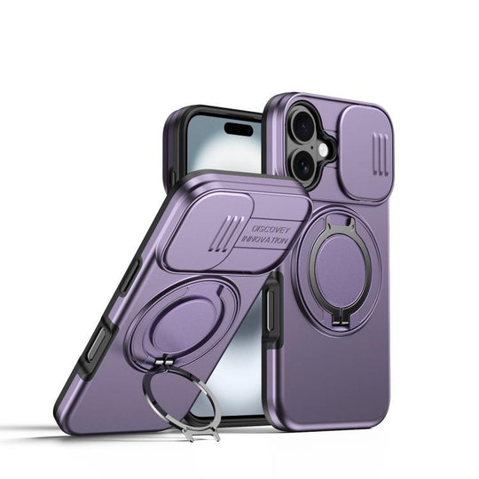 For iPhone 16 Camera Sliding Shield Magnetic Rotation Holder Phone Case(Purple)