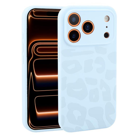 For iPhone 17 Pro Max Precision Hole Leopard Print Liquid Silicone Phone Case(Sky Blue)