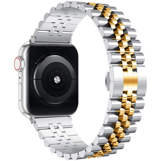 Metal Five Baht Replacement Steel Watch Band For Apple Watch Ultra 49mm&Watch Ultra 2 49mm / Series 9&8&7 45mm / SE 3&SE 2&6&SE&5&4 44mm / 3&2&1 42mm(Between Gold) by buy2fix