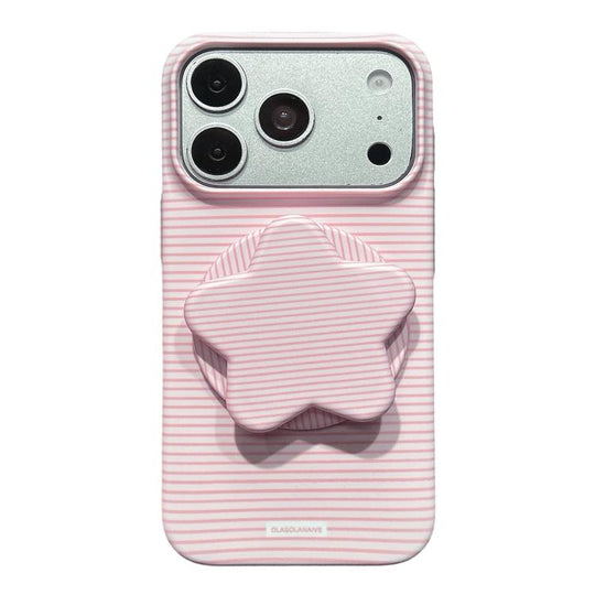 For iPhone 18 Pro Max / 17 Pro Max Macaron Striped Full Coverage PC Phone Case with Star Holder(Pink)