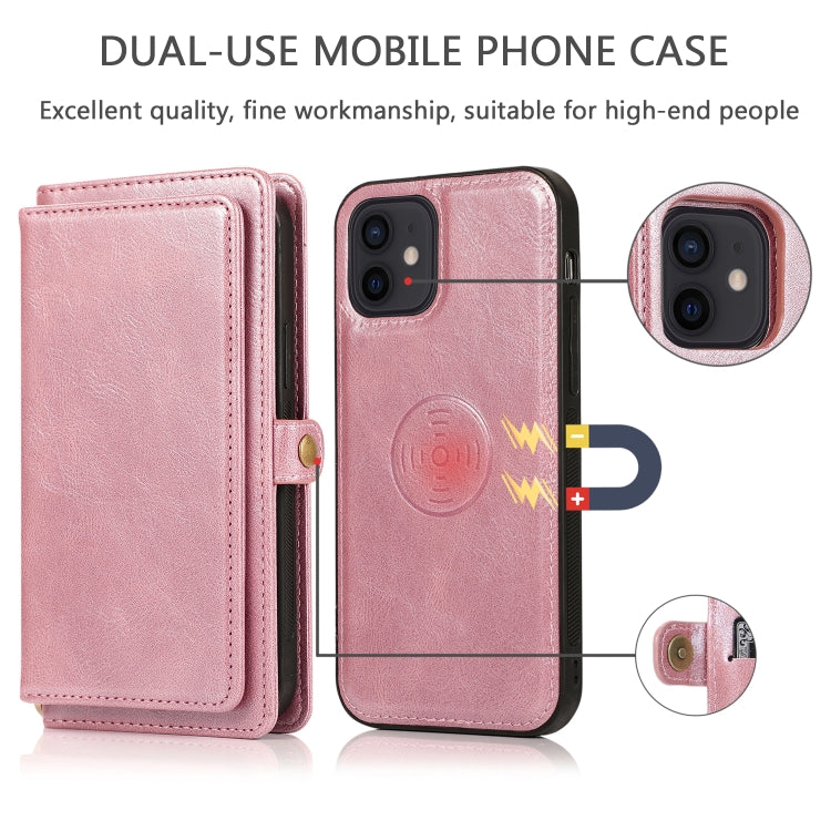 For iPhone 12 mini Multiple Card Slots Detachable Magnetic Horizontal Flip Leather Case with Card Slots & Holder & Wallet (Rose Gold) - iPhone 12 mini Cases by buy2fix | Online Shopping UK | buy2fix