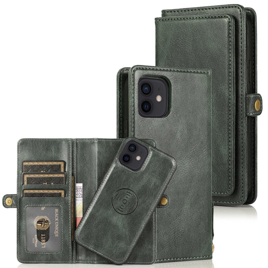 For iPhone 12 mini Multiple Card Slots Detachable Magnetic Horizontal Flip Leather Case with Card Slots & Holder & Wallet (Dark Green) - iPhone 12 mini Cases by buy2fix | Online Shopping UK | buy2fix