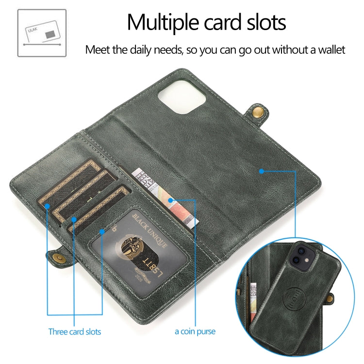 For iPhone 12 mini Multiple Card Slots Detachable Magnetic Horizontal Flip Leather Case with Card Slots & Holder & Wallet (Dark Green) - iPhone 12 mini Cases by buy2fix | Online Shopping UK | buy2fix
