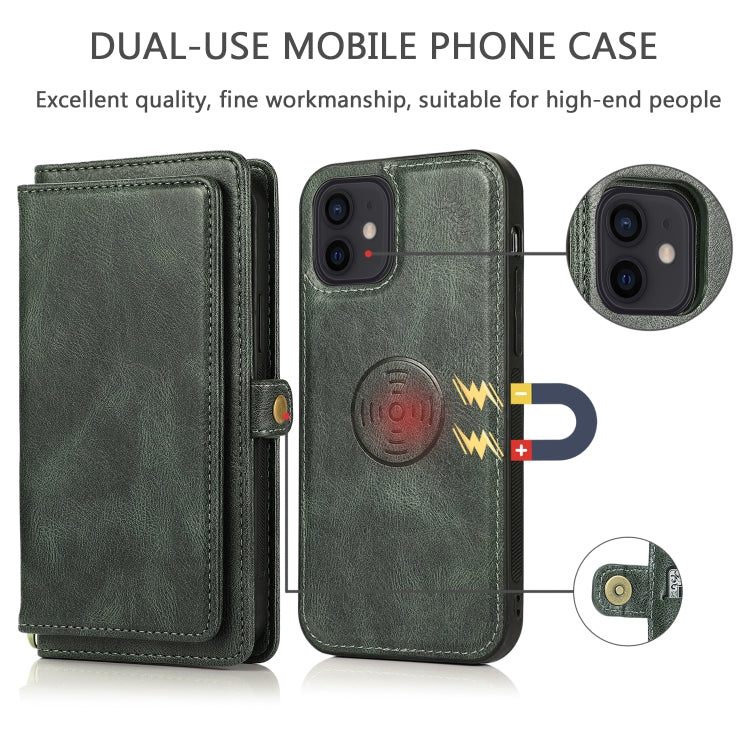 For iPhone 12 mini Multiple Card Slots Detachable Magnetic Horizontal Flip Leather Case with Card Slots & Holder & Wallet (Dark Green) - iPhone 12 mini Cases by buy2fix | Online Shopping UK | buy2fix