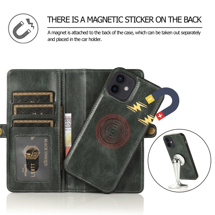 For iPhone 12 mini Multiple Card Slots Detachable Magnetic Horizontal Flip Leather Case with Card Slots & Holder & Wallet (Dark Green) - iPhone 12 mini Cases by buy2fix | Online Shopping UK | buy2fix