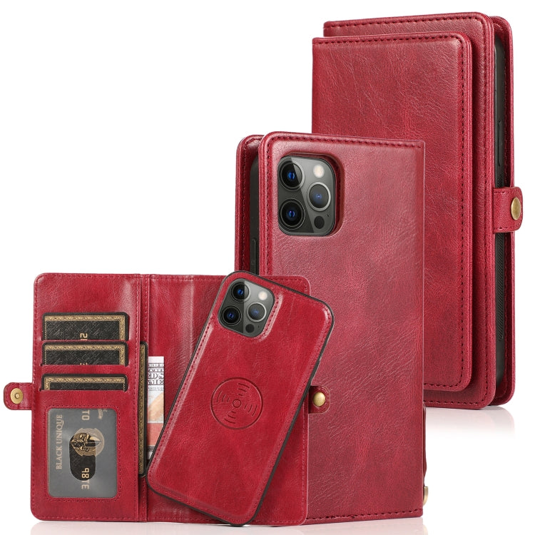 For iPhone 12 / 12 Pro Multiple Card Slots Detachable Magnetic Horizontal Flip Leather Case with Card Slots & Holder & Wallet(Red) - iPhone 12 / 12 Pro Cases by buy2fix | Online Shopping UK | buy2fix