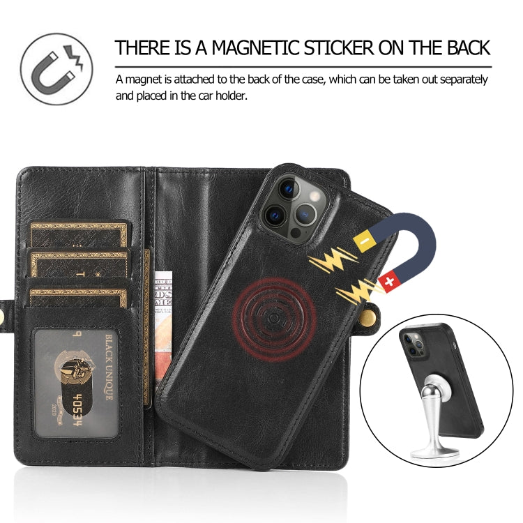 For iPhone 12 / 12 Pro Multiple Card Slots Detachable Magnetic Horizontal Flip Leather Case with Card Slots & Holder & Wallet(Black) - iPhone 12 / 12 Pro Cases by buy2fix | Online Shopping UK | buy2fix