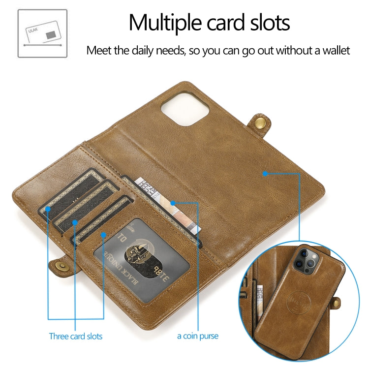 For iPhone 12 / 12 Pro Multiple Card Slots Detachable Magnetic Horizontal Flip Leather Case with Card Slots & Holder & Wallet(Brown) - iPhone 12 / 12 Pro Cases by buy2fix | Online Shopping UK | buy2fix