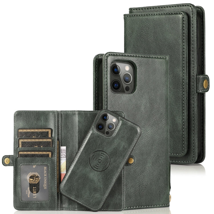 For iPhone 12 / 12 Pro Multiple Card Slots Detachable Magnetic Horizontal Flip Leather Case with Card Slots & Holder & Wallet(Dark Green) - iPhone 12 / 12 Pro Cases by buy2fix | Online Shopping UK | buy2fix