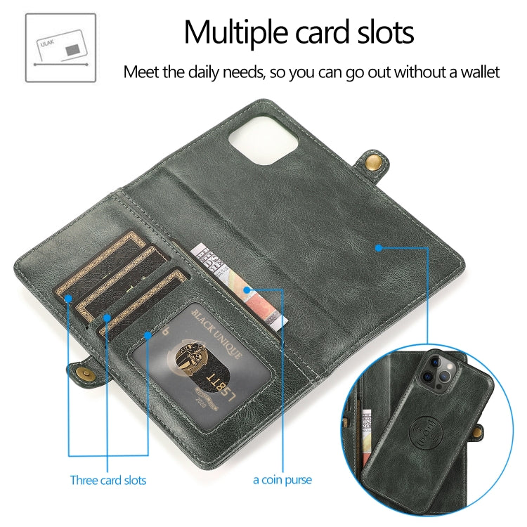For iPhone 12 / 12 Pro Multiple Card Slots Detachable Magnetic Horizontal Flip Leather Case with Card Slots & Holder & Wallet(Dark Green) - iPhone 12 / 12 Pro Cases by buy2fix | Online Shopping UK | buy2fix
