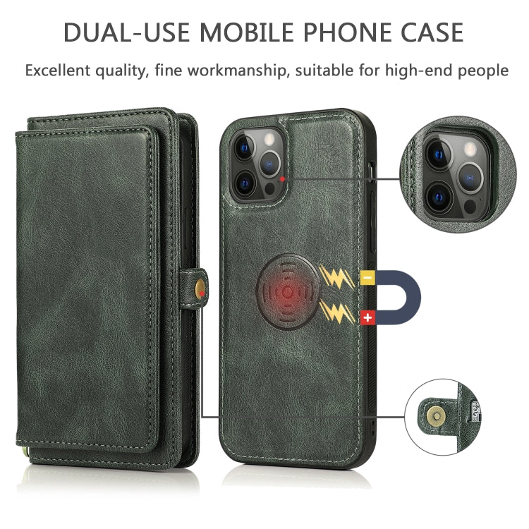For iPhone 12 / 12 Pro Multiple Card Slots Detachable Magnetic Horizontal Flip Leather Case with Card Slots & Holder & Wallet(Dark Green) - iPhone 12 / 12 Pro Cases by buy2fix | Online Shopping UK | buy2fix