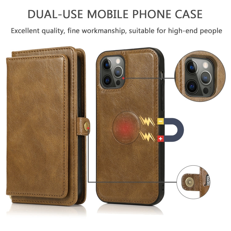 For iPhone 12 Pro Max Multiple Card Slots Detachable Magnetic Horizontal Flip Leather Case with Card Slots & Holder & Wallet(Brown) - iPhone 12 Pro Max Cases by buy2fix | Online Shopping UK | buy2fix
