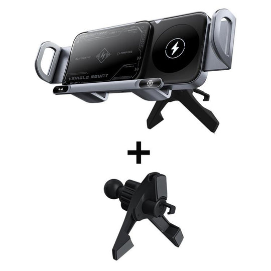 X01 2 In 1 Car Dual Coil 15W Wireless Charger Rotating Navigation Bracket Bracket + Air Vent Base(Grey)