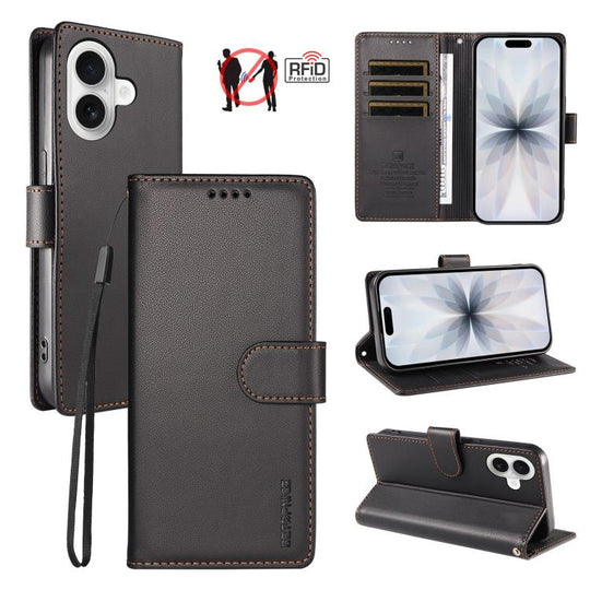 For iPhone 18 BETOPNICE Pearlescent RFID Vegan Leather Phone Case with Strap(Black)