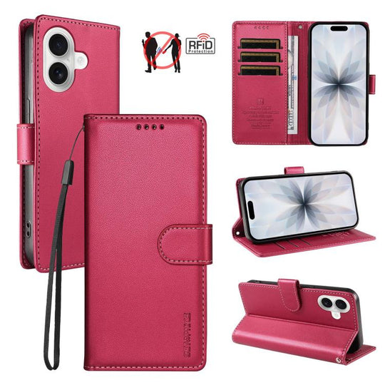 For iPhone 18 BETOPNICE Pearlescent RFID Vegan Leather Phone Case with Strap(Red)