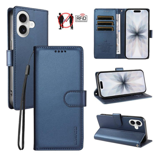 For iPhone 18 BETOPNICE Pearlescent RFID Vegan Leather Phone Case with Strap(Blue)