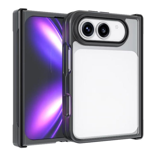 For iPhone Duo Armor Big Pore PC Hybrid TPU Phone Case with Hinge Guard(Transparent)