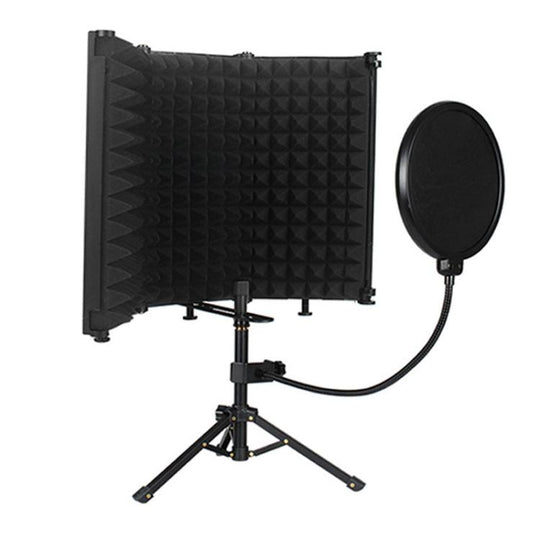 M3P Foldable Three-Panel Microphone Isolation Shield with Phone Clip, Tripod, Pop Filter Kit(Black)