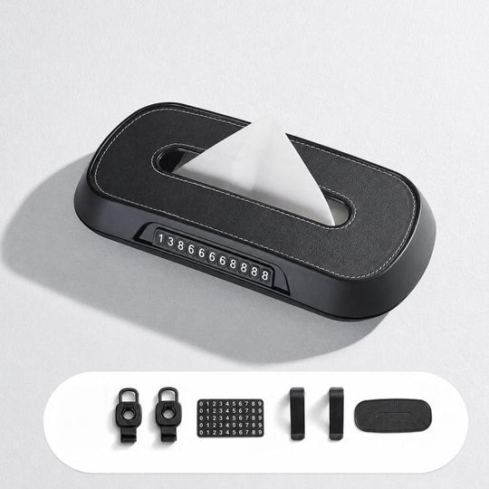 Car Tissue Box with Temporary Parking Phone Number Card, Model:Leather(Black)
