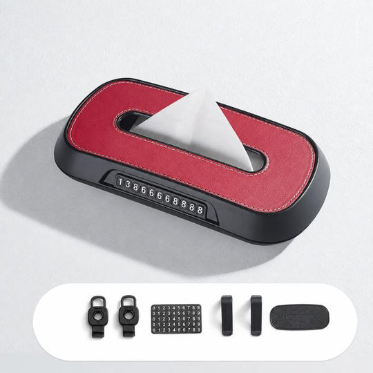 Car Tissue Box with Temporary Parking Phone Number Card, Model:Leather(Red)