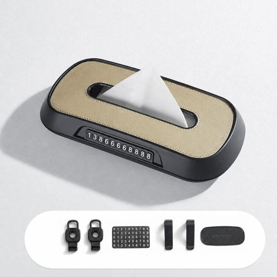 Car Tissue Box with Temporary Parking Phone Number Card, Model:Leather(Beige)