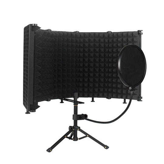 M5P Foldable Five-Panel Microphone Isolation Shield with Phone Clip, Tripod, Pop Filter Kit(Black)