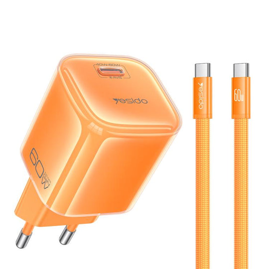 Yesido YC117 Transparent AVS 40-60W USB-C/Type-C Interface Charger with Type-C to Type-C Cable, Plug:EU Plug(Orange)