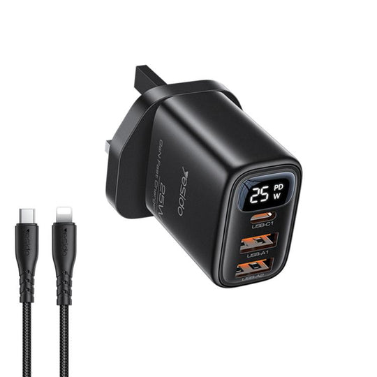 Yesido YC163L 25W Three-ports Digital Display Charger with USB-C / Type-C to 8 Pin Cable, Plug:UK Plug(Black)