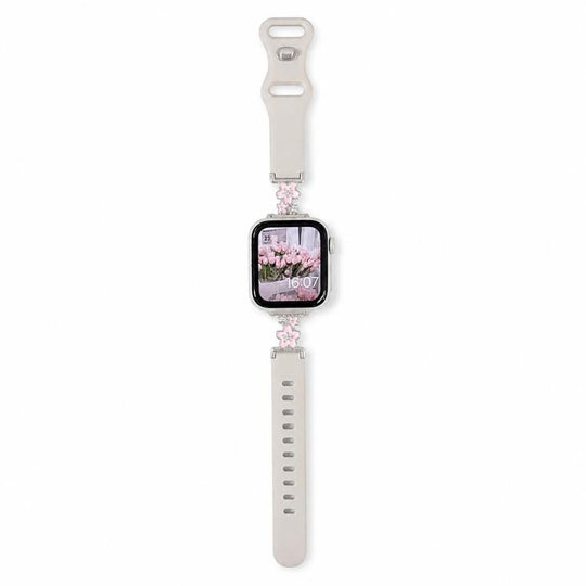 For Apple Watch 46mm / 49mm / 45mm / 44mm Metal Floral Hybrid Reverse Clasp Silicone Watch Band(Silver Pink+Starlight)