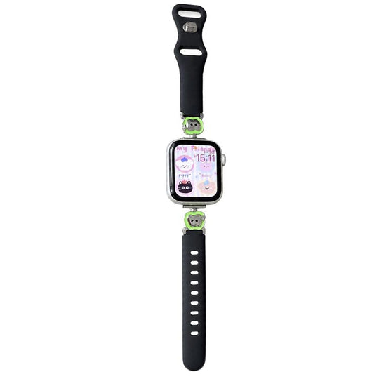 For Apple Watch 46mm / 49mm / 45mm / 44mm Metal Cartoon Hybrid Black Silicone Watch Band(Green Apple)