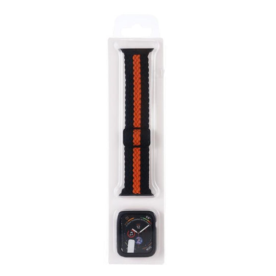 For Apple Watch Series 9 / 8 / 7 45mm Adjustable Striped Woven Nylon Watch Band + Watch Case Set(Black Orange)