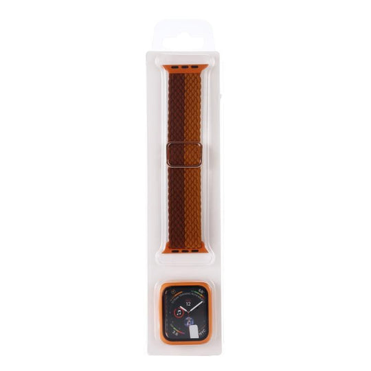 For Apple Watch Series 11 / 10 46mm Adjustable Striped Woven Nylon Watch Band + Watch Case Set(Coffee)